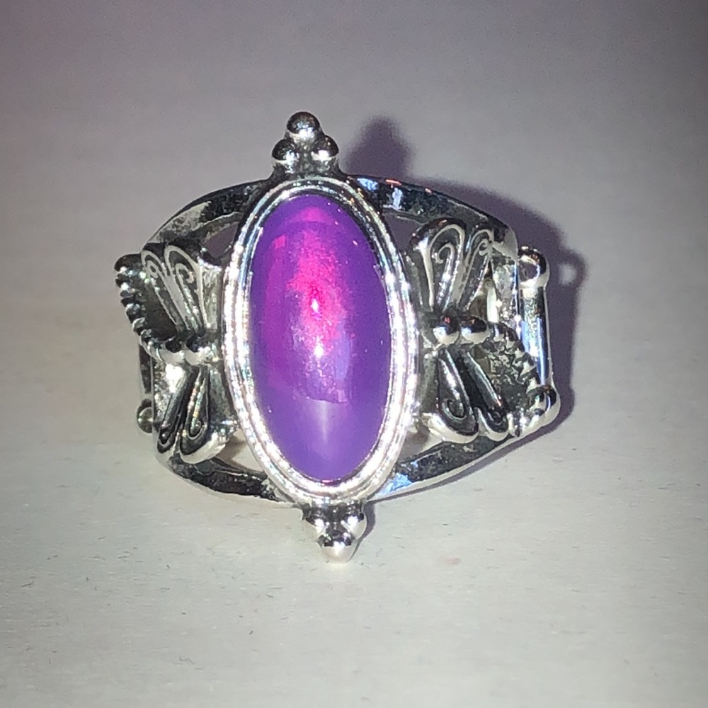 Silver Tone Purple Cabochon Dragonfly Statement Ring